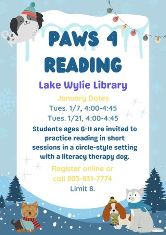 Students ages 6-11 are invited to practice reading in short sessions in a circle-style setting with a literacy therapy dog.  Register online or call 803-831-7774. Limit 8.     This program aligns with YCL's information and media literacy framework, which addresses the ability to seek, evaluate, use and create information effectively to achieve personal, social, occupational and educational goals.