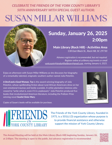 Photo of Susan Millar Williams and information about the event.