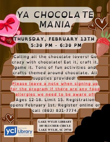 Calling all the chocolate lovers! Go crazy with chocolate! Eat it, craft it, game it. Tons of fun activities and crafts themed around chocolate. All supplies provided! 