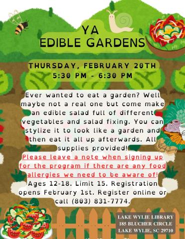 Ever wanted to eat a garden? Well maybe not a real one but come make an edible salad full of different vegetables and salad fixing. You can stylize it to look like a garden and then eat it all up afterwards. All supplies provided!