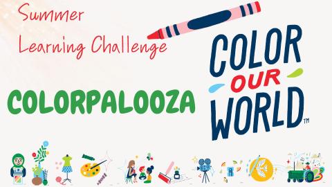 Words "Summer Learning Challenge Colorpalooza and Color Our World" written with crayon in all different colors
