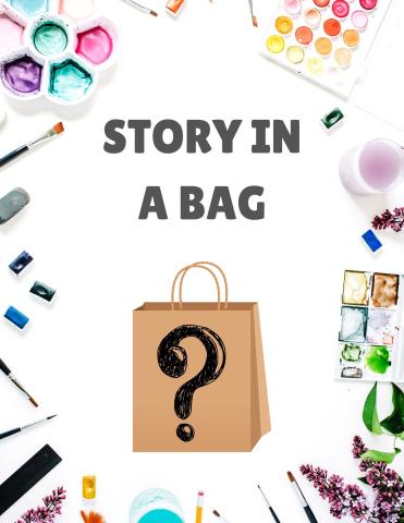 Shopping bag with question mark and various craft items all around it.