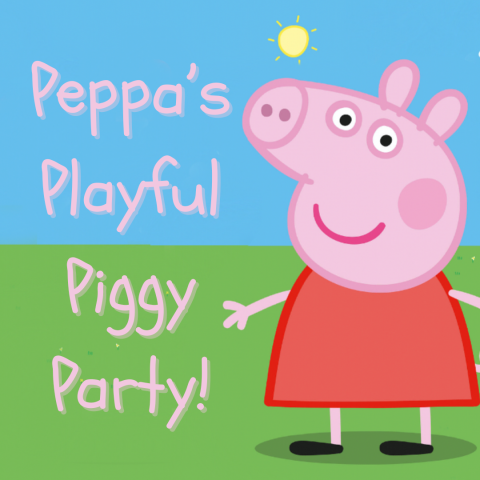 The pink Peppa Pig character stands on green grass with a blue sky and yellow sun behind. Pink text reads "Peppa's Playful Piggy Party". 