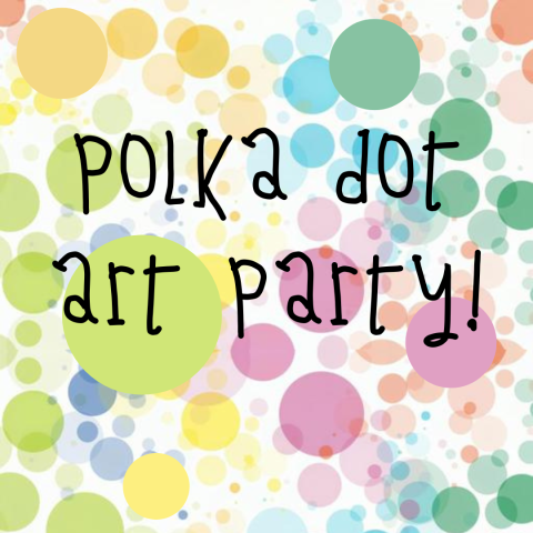 A white background is covered with a rainbow of watercolor dots. Jaunty texts reads, "Polka Dot Art Party."