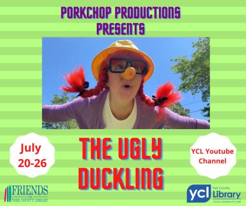 Woman dressed as a duckling flying through the air with the word "The Ugly Duckling" underneath.  