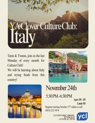 YA Clover Culture Club: Italy Flyer
