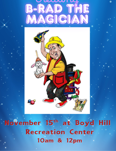 Cartoon magician with program information. 