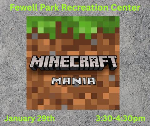 Words "Minecraft Mania" withe Minecraft background.