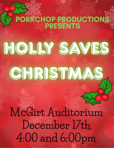 Red background with holly berries at the corners.  Program name and location is included.