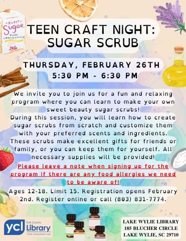 2262026 Teen Craft Night Sugar Scrub Flyer