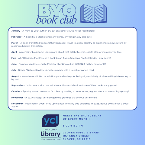 A simple blue and green flyer for the BYO (Bring Your Own) Book Club, featuring the genre selection for each month's meeting. 