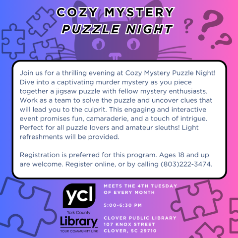 A simple violet and pink flyer for the Cozy Mystery Puzzle Night Program, featuring a curious cat and puzzle pieces. 