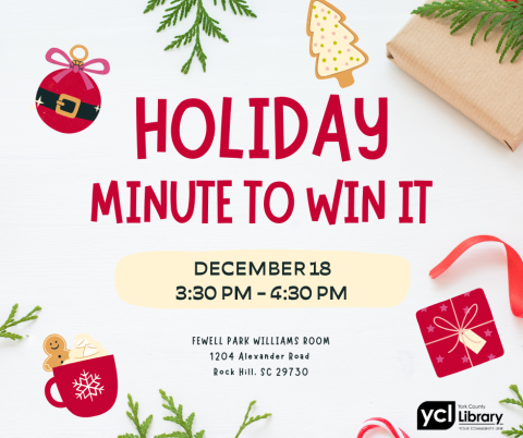 Holiday Minute It to Win It surrounded by festive objects