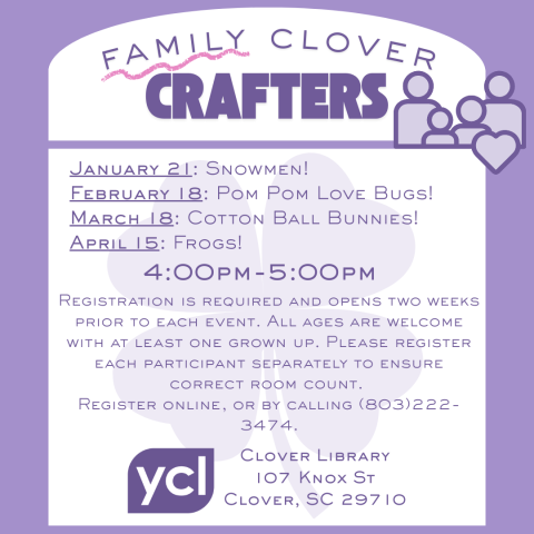 A simple purple flyer for the Family Clover Crafters program, featuring dates, times, and registration details. 