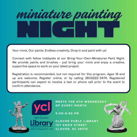A colorful square flyer depicting fantasy miniatures for a drop-in miniature painting night program.