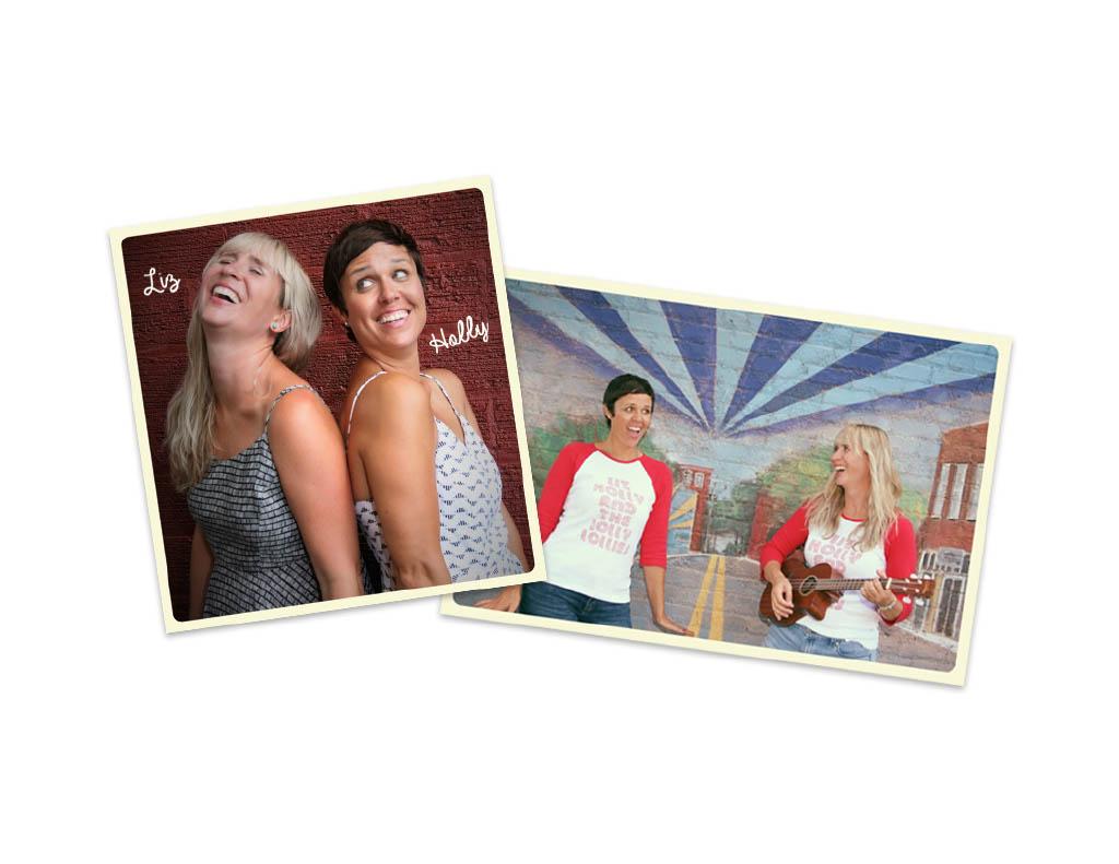 Photos feature professional photography of two performers that make up the Jolly Lollies. One is a laughing blonde woman, and the other is a smiling brunette woman. One photo features the two women in front of a mural.