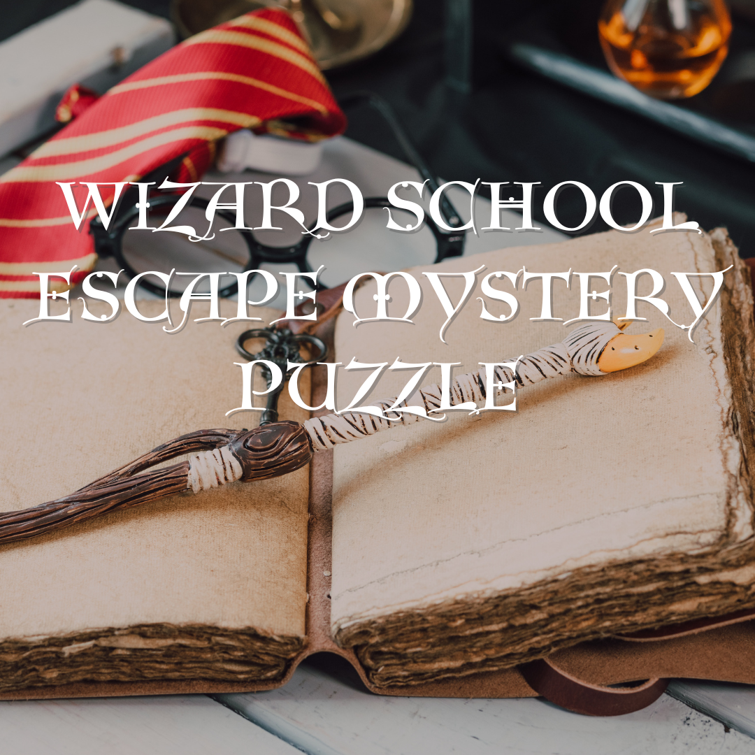 photo background is a red and gold striped tie, black thick framed glasses, and a book made to look old and worn, with a wand over top. The text overlay says "Wizard school escape mystery puzzle".