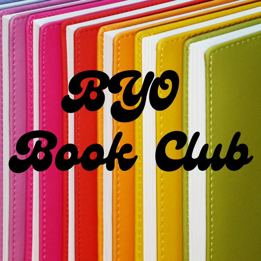 background image is a row of books in rainbow colors; text reads BYO book club