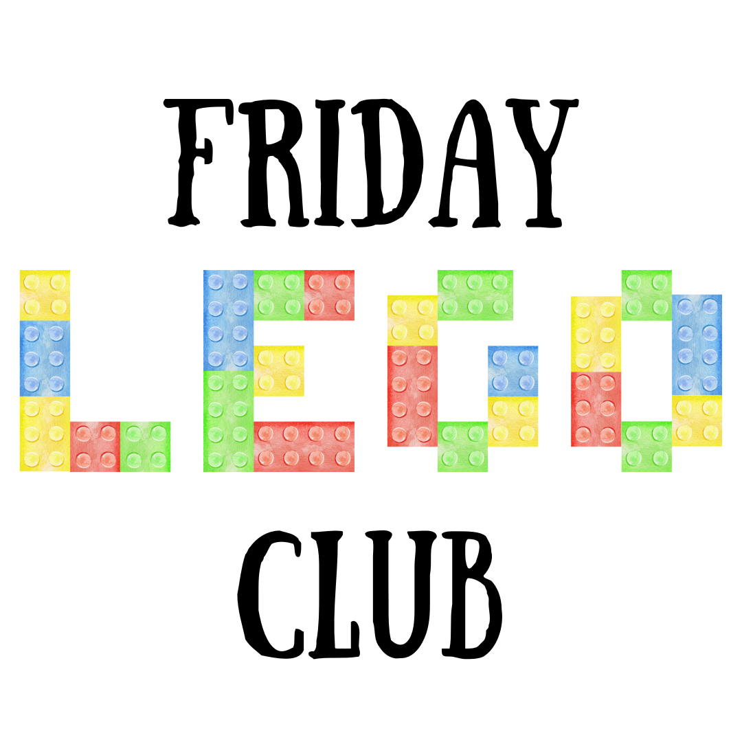 white background with friday lego club in text; the word lego is created with lego bricks