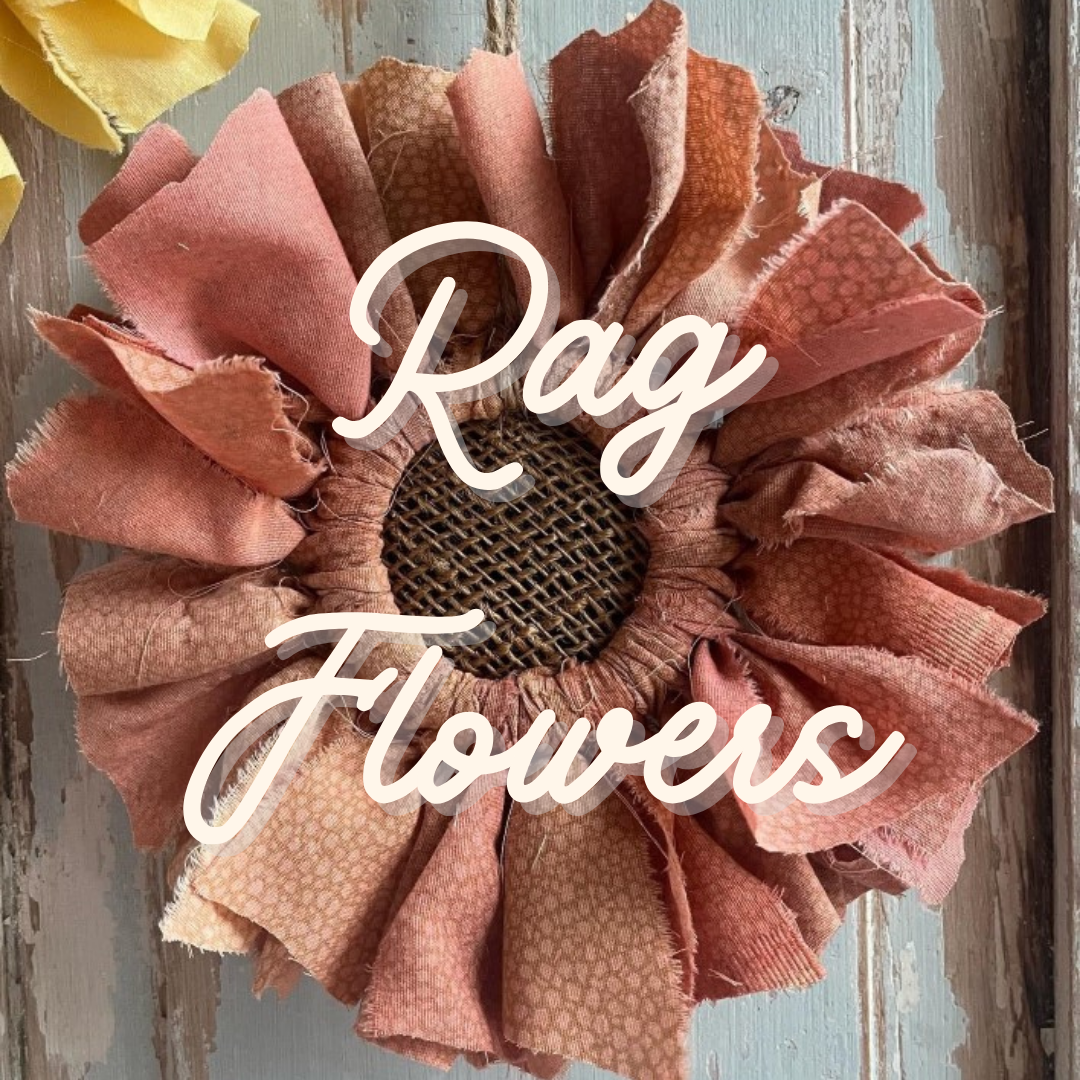 background image is a flower made out of a canning lid ring with pieces of fabric to create petals; text overlay reads rag flowers