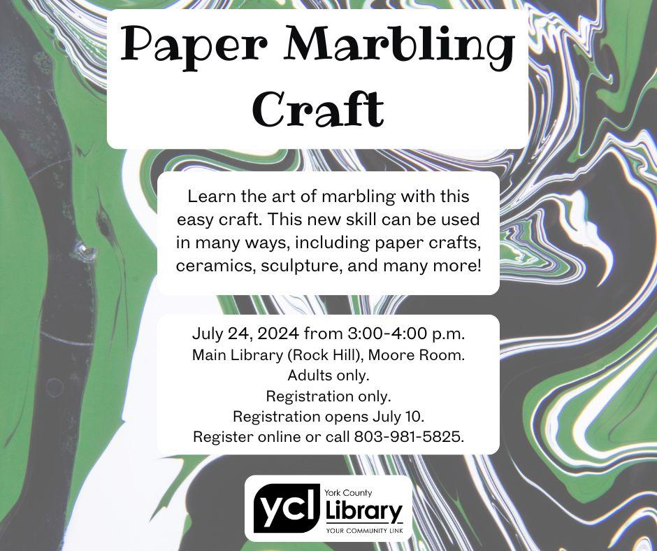 Image for paper marbling craft. Class is on July 24 from 3:00-4:00 p.m.