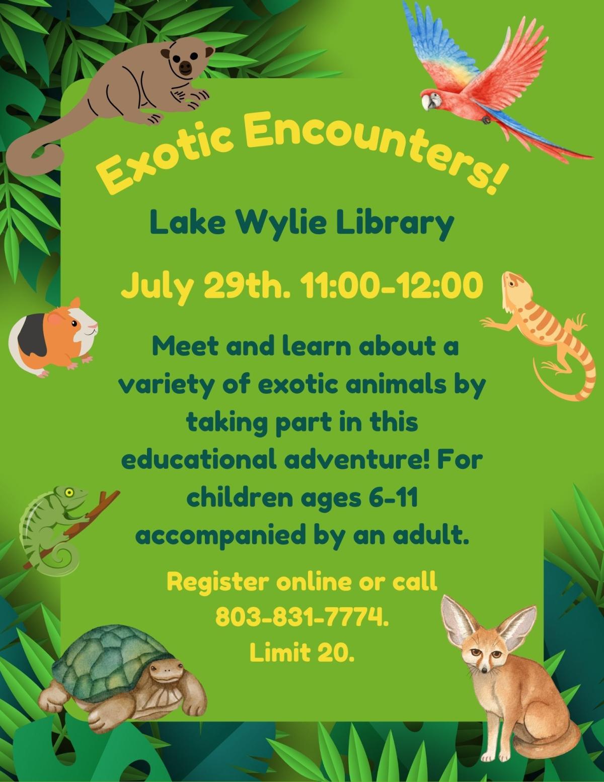 Meet and learn about a variety of exotic animals by taking part in this educational adventure! For children ages 6-11 accompanied by an adult.