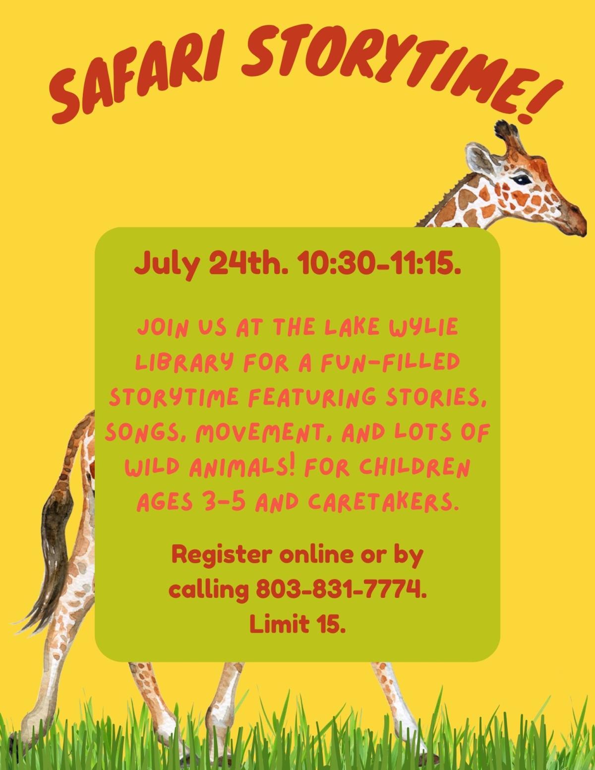 Join us at the Lake Wylie Library for a fun-filled storytime featuring stories, songs, movement, and lots of wild animals! For children ages 3-5 and caretakers.