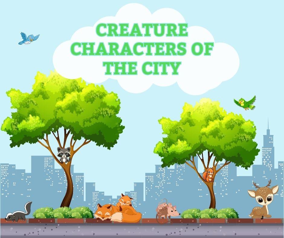 City animals around trees with houses in the background