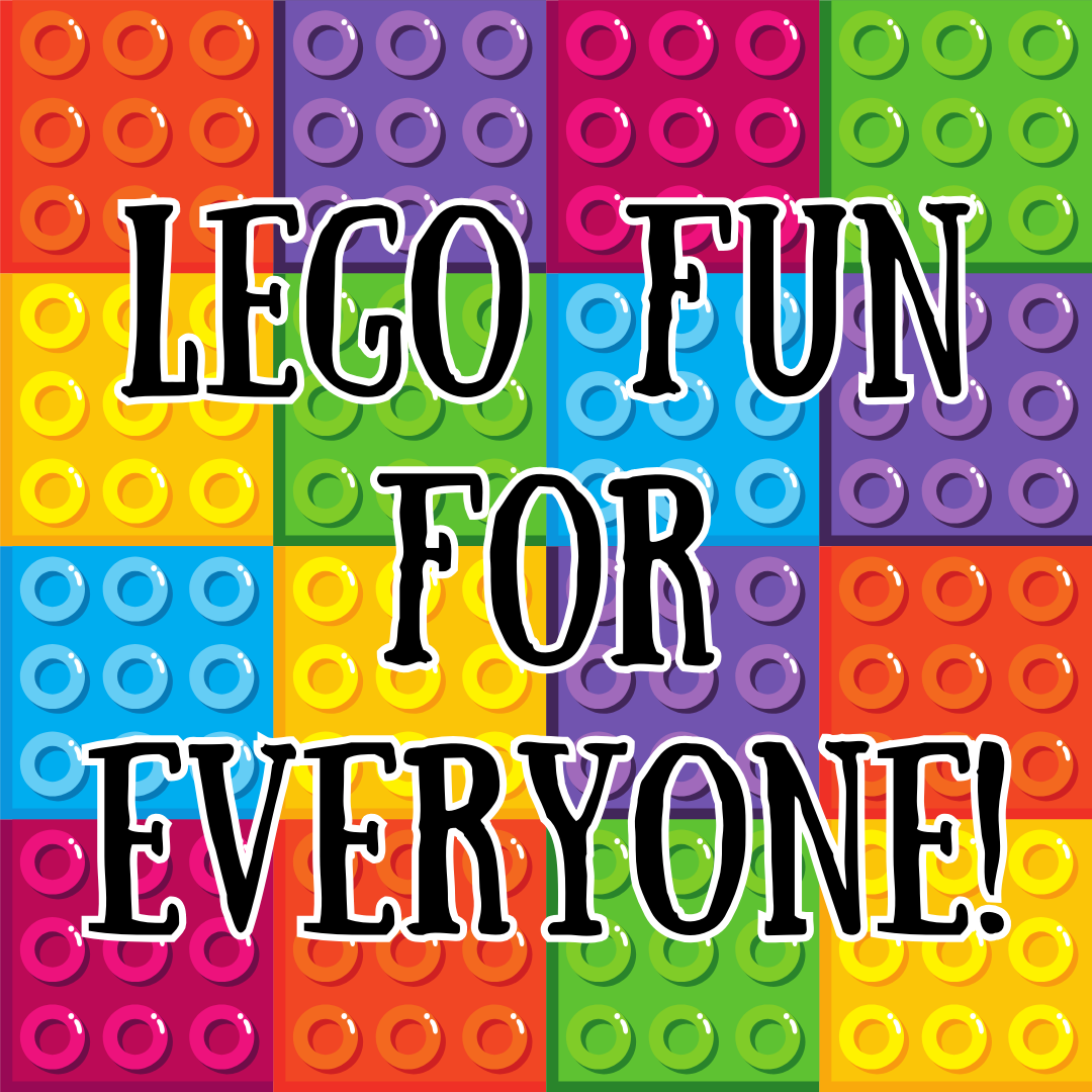 The image features a colorful background composed of various LEGO brick patterns in bright colors such as red, orange, yellow, green, blue, and purple. The text in the center of the image reads "LEGO FUN FOR EVERYONE!" in bold, playful font.