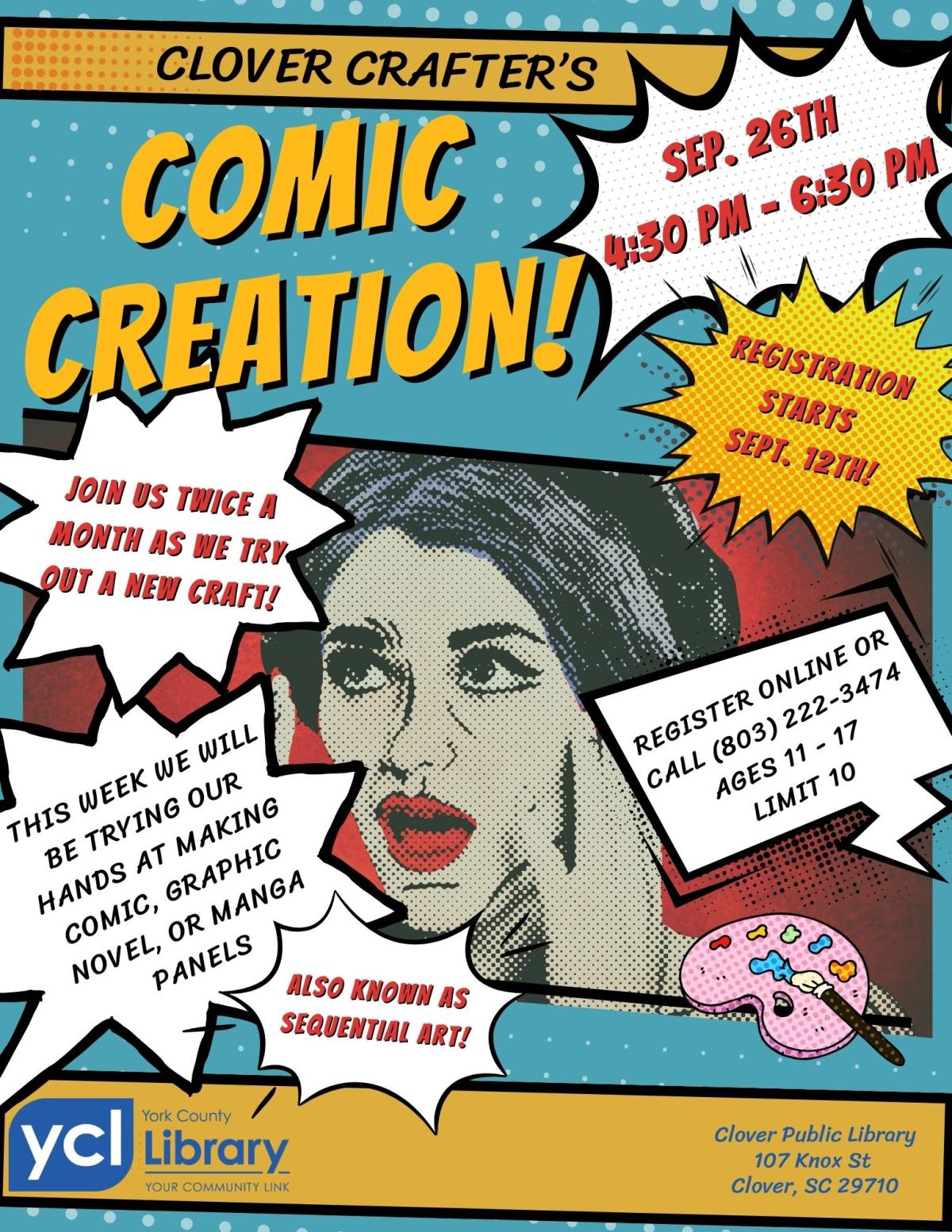 Flyer for Comic Creation featuring a comic-style drawing of a woman's face, and the details of the program in various fonts.