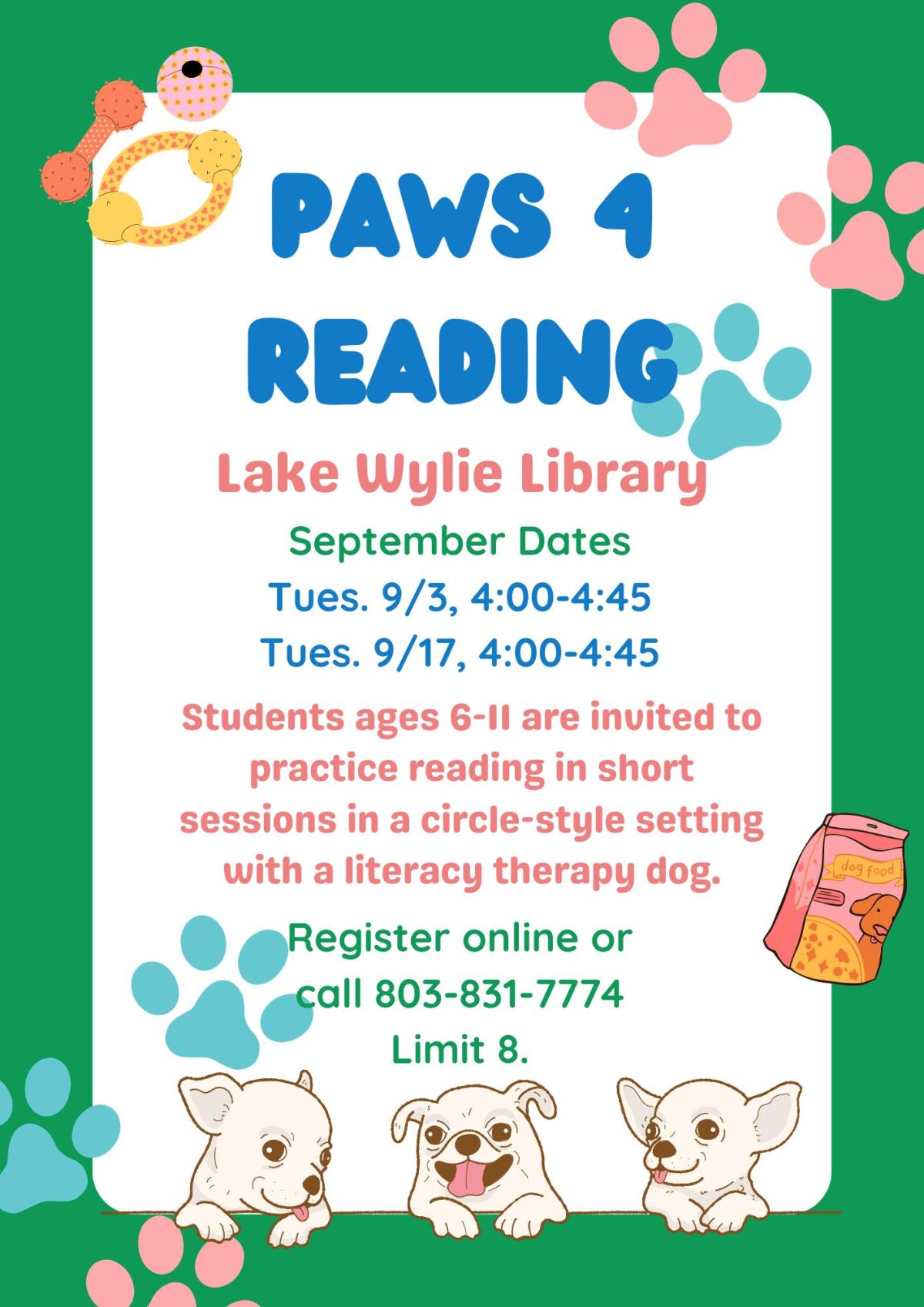 Reading aloud helps young students expand vocabulary and improve comprehension.  A friendly face, particularly one accompanied by a wagging tail, can help ease reading jitters and build self-confidence in readers who want extra practice. School-age children are invited to practice reading in short sessions in a circle-style setting with a literacy therapy dog.