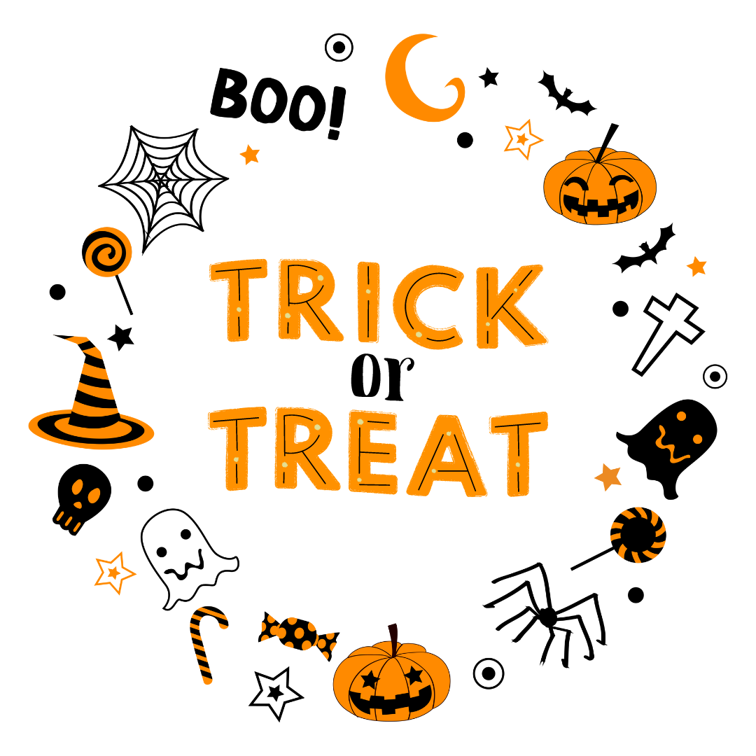 A white background features the words "trick or treat" in a whimsical orange font. In a circle around the words are different Halloween-themed images, like a ghost, a pumpkin, a spider, a moon, and candy.