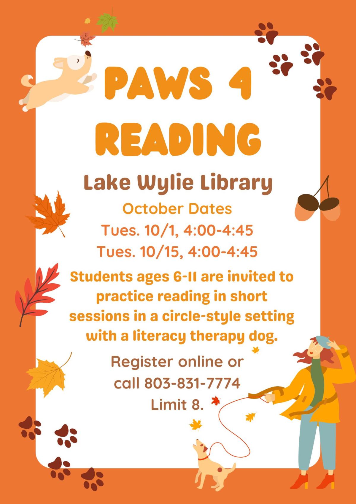 Students ages 6-11 are invited to practice reading in short sessions in a circle-style setting with a literacy therapy dog.