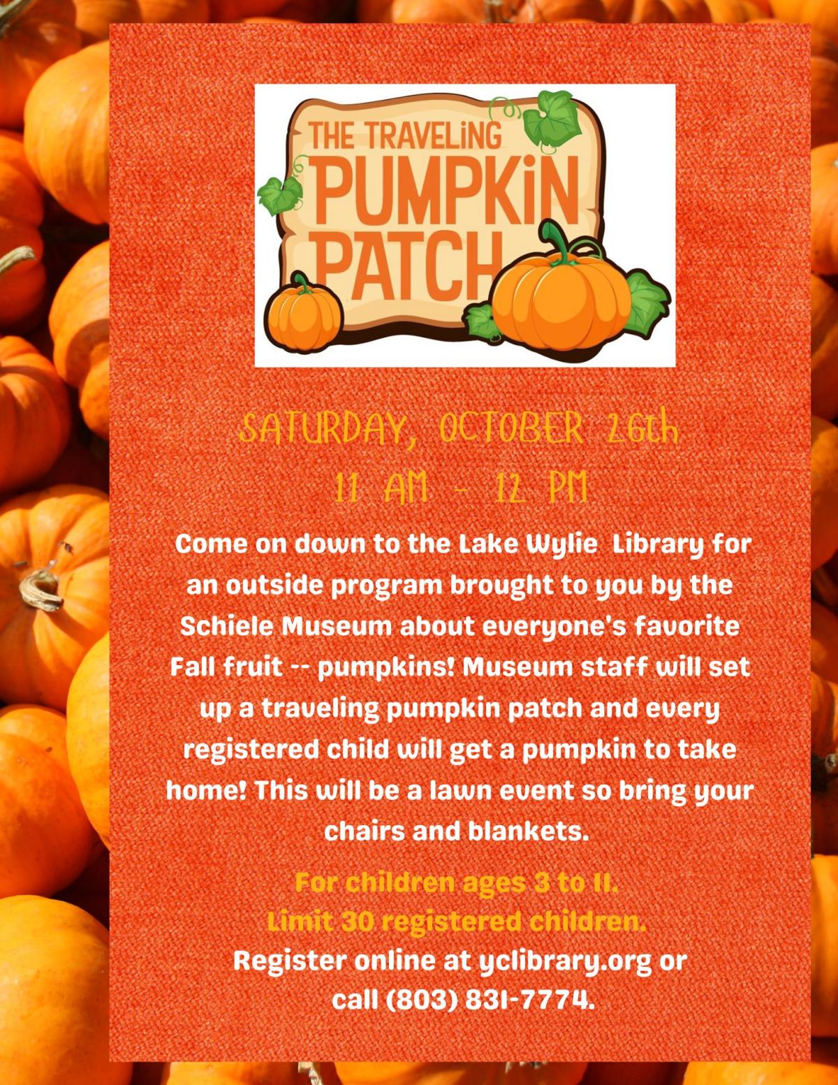 Come on down to the Lake Wylie  Library for an outside program brought to you by the Schiele Museum about everyone's favorite Fall fruit -- pumpkins! Museum staff will set up a traveling pumpkin patch and every registered child will get a pumpkin to take home! This will be a lawn event so bring your chairs and blankets.