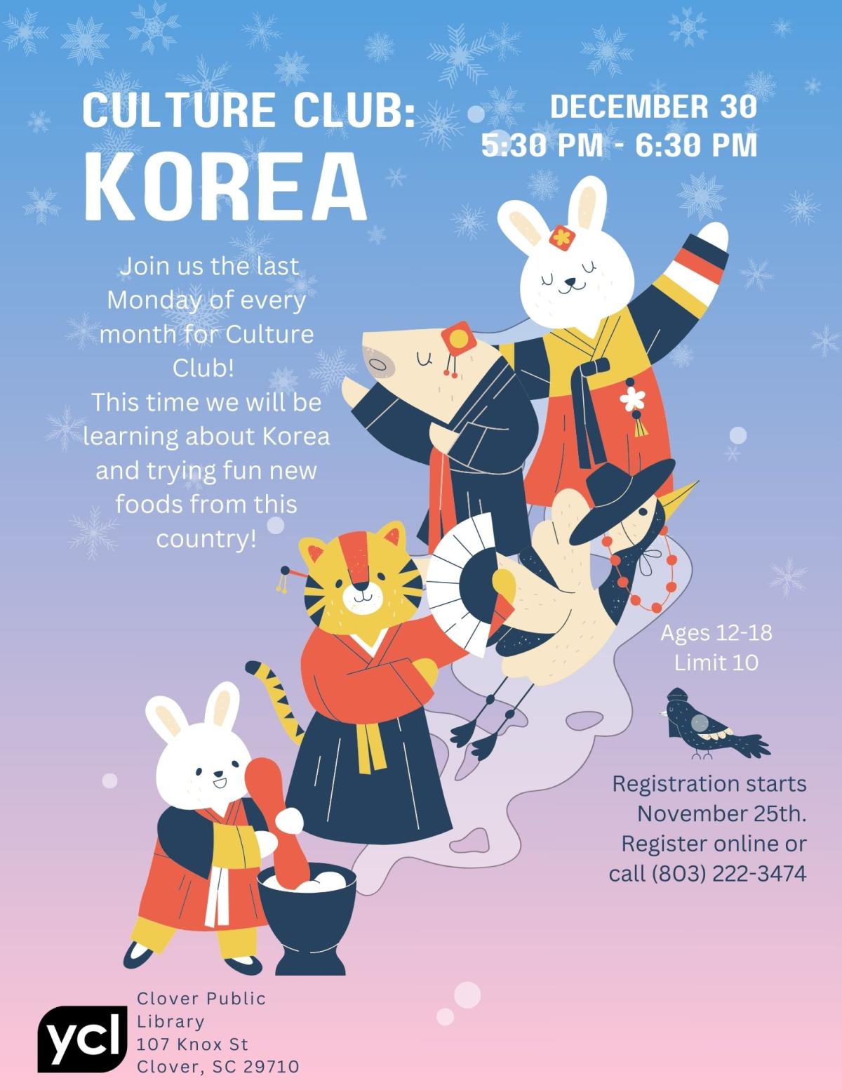 A gradient blue to pink background features whimsical korean-style animaed characters in traditional dress. The flyer reads "Culture Club: Korea" with the event specifics below.