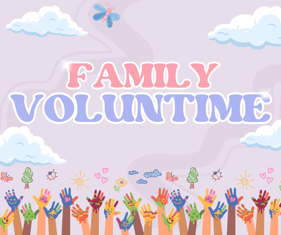 Hands reaching up toward Family Voluntime sign