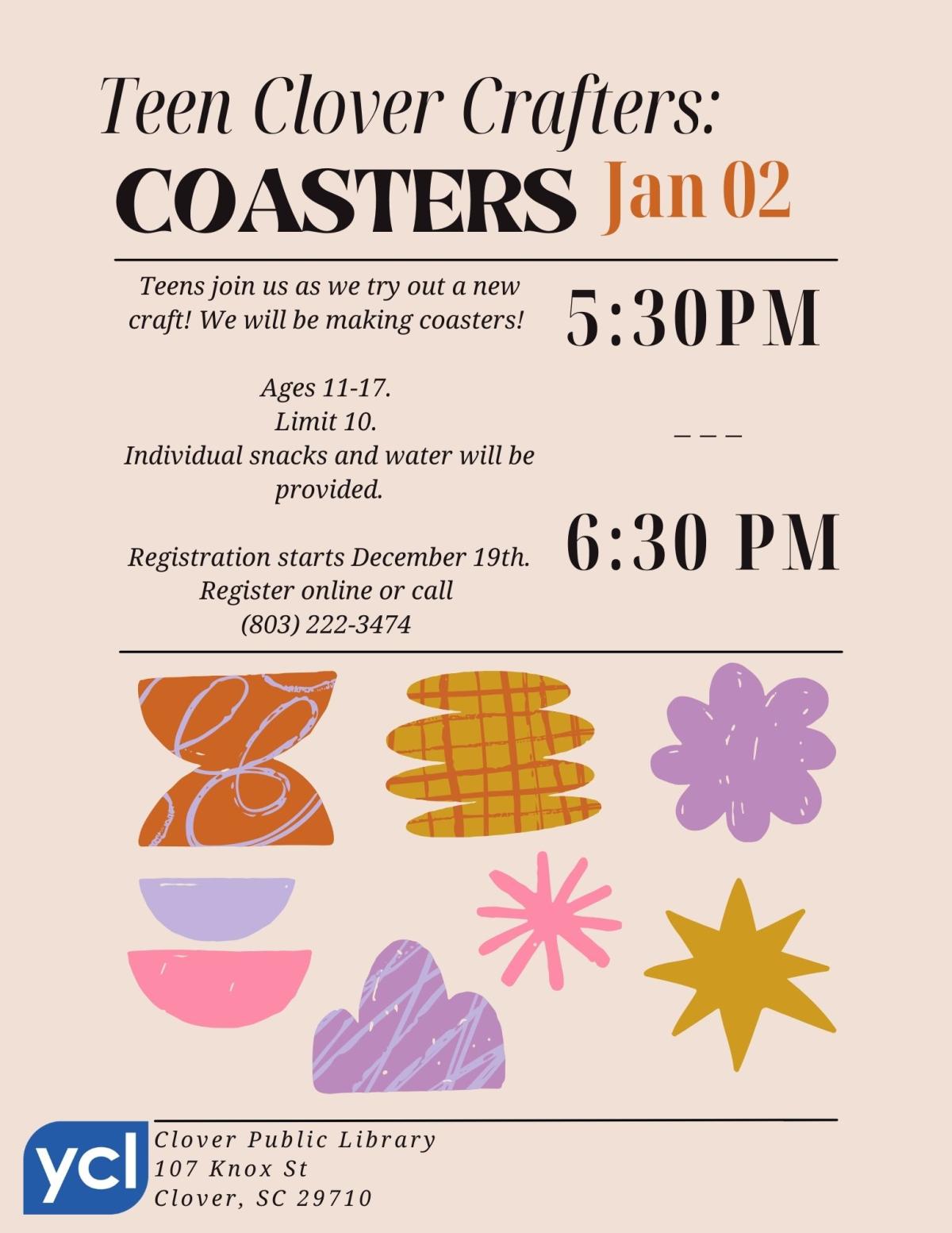 Teen Clover Crafters: Coasters Flyer