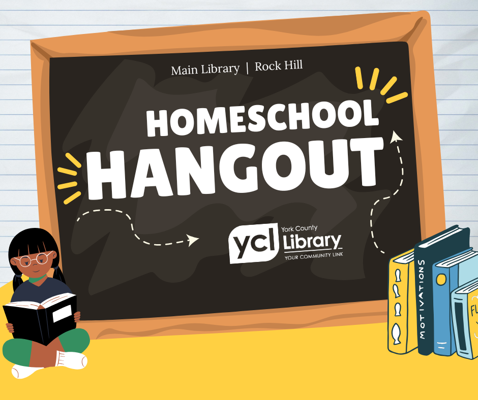 Chalkboard graphic with Homeschool Hangout written on it in chalk with a girl reading 