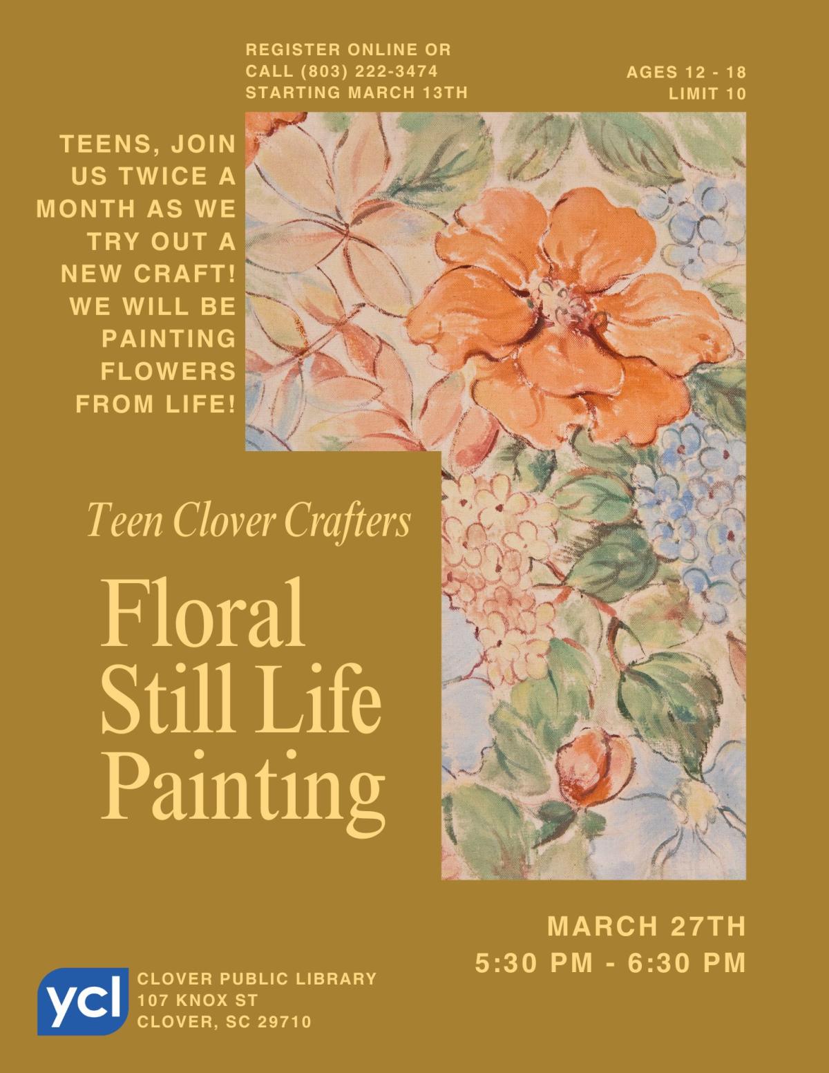 Teen Clover Crafters: Still Life Painting Flyer