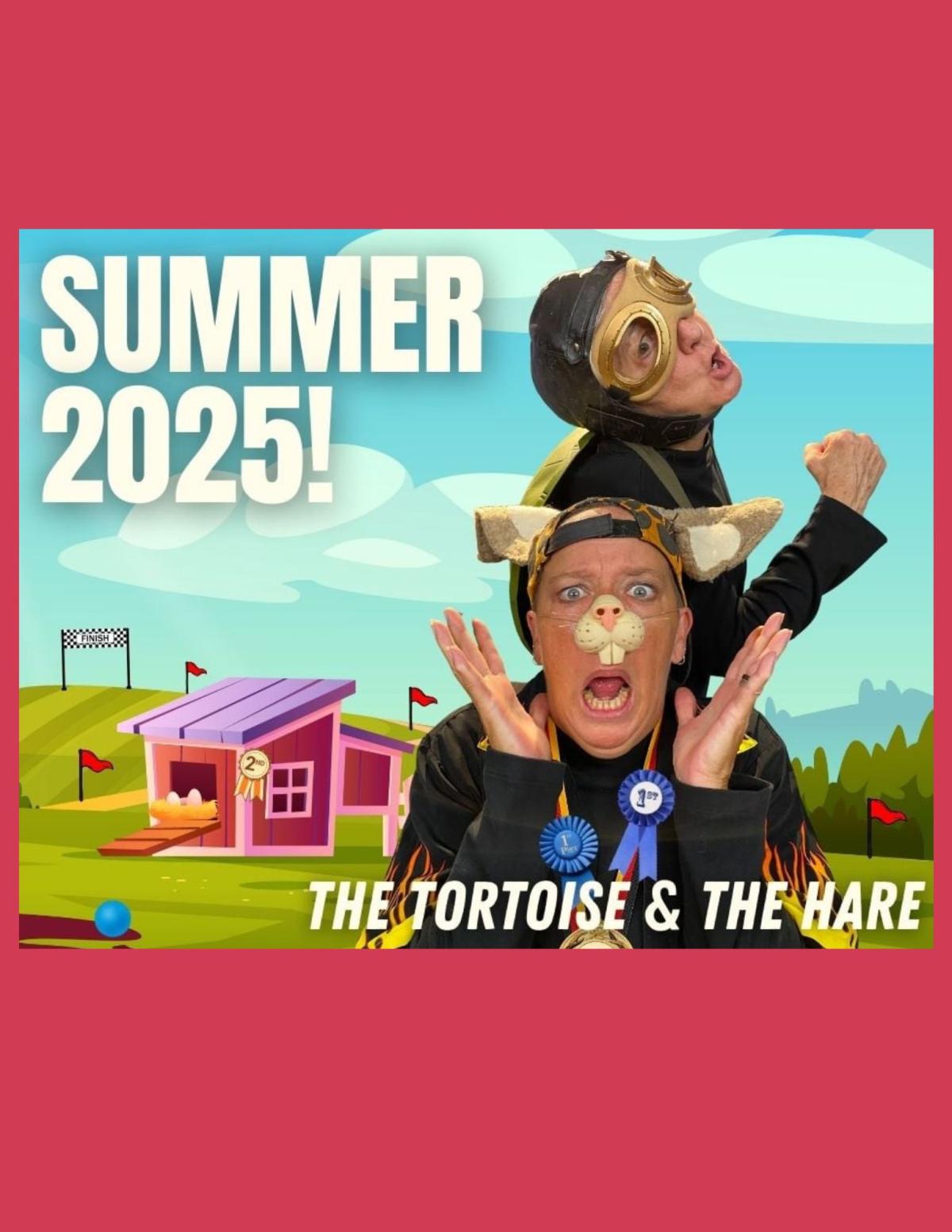 Two people dressed up as a tortoise and hare with a farm backdrop.