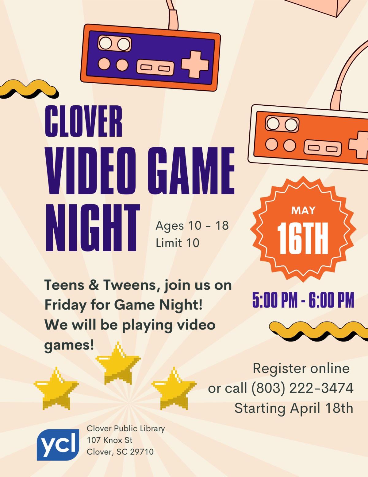 Clover Video Game Night Flyer