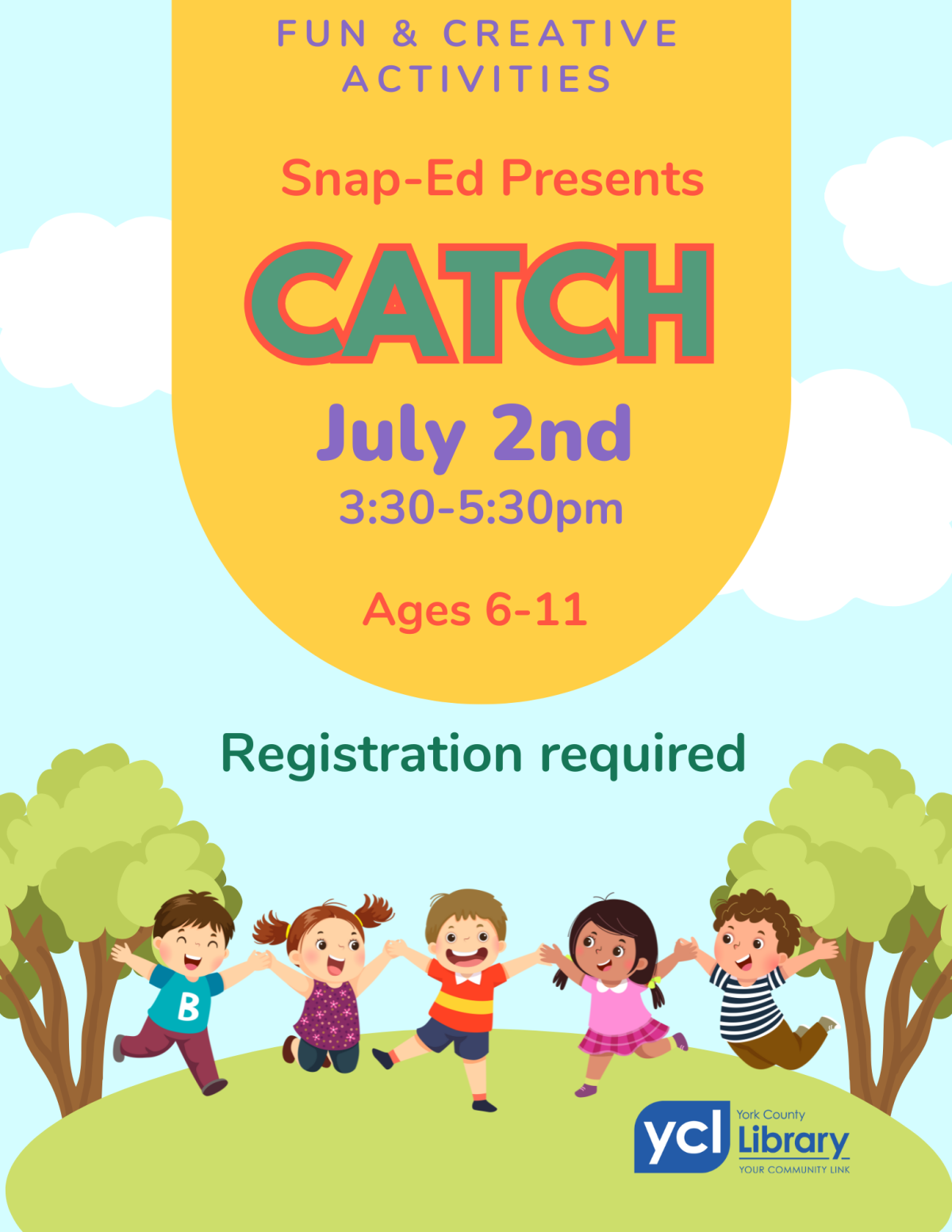 Children playing games outside with the program date, age and name in the background. 