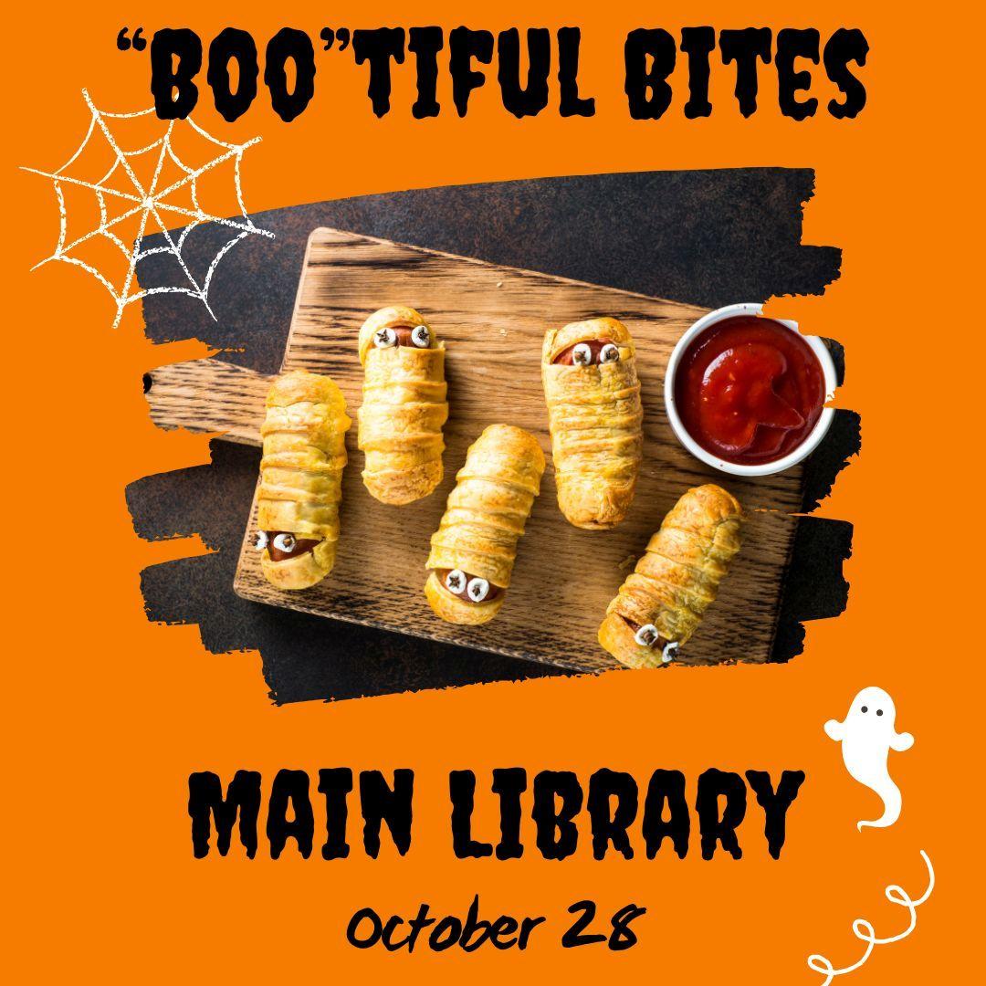 Mummy hotdogs against an orange background with the words "Bootiful Bites" over the top.