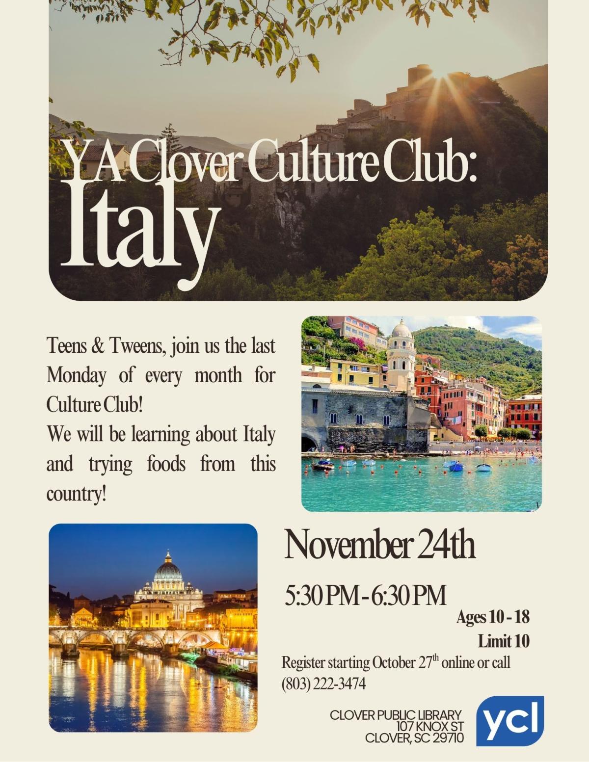 YA Clover Culture Club: Italy Flyer