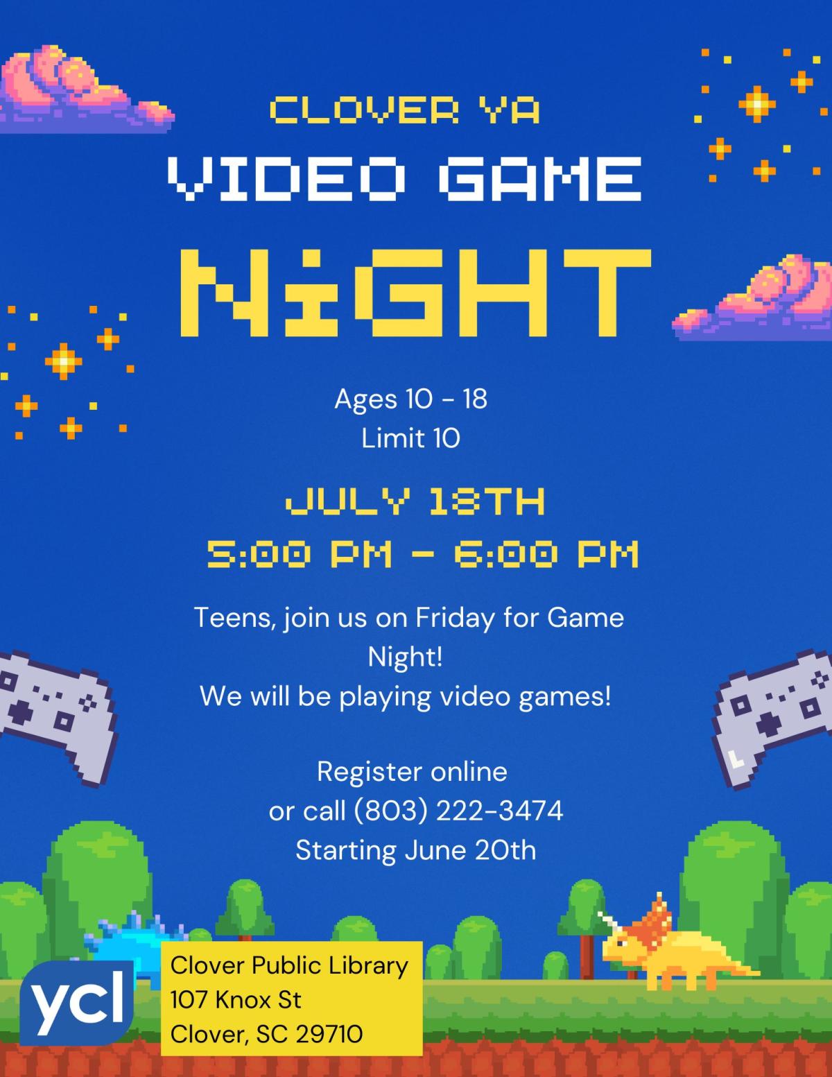 Clover YA Video Game Night Flyer