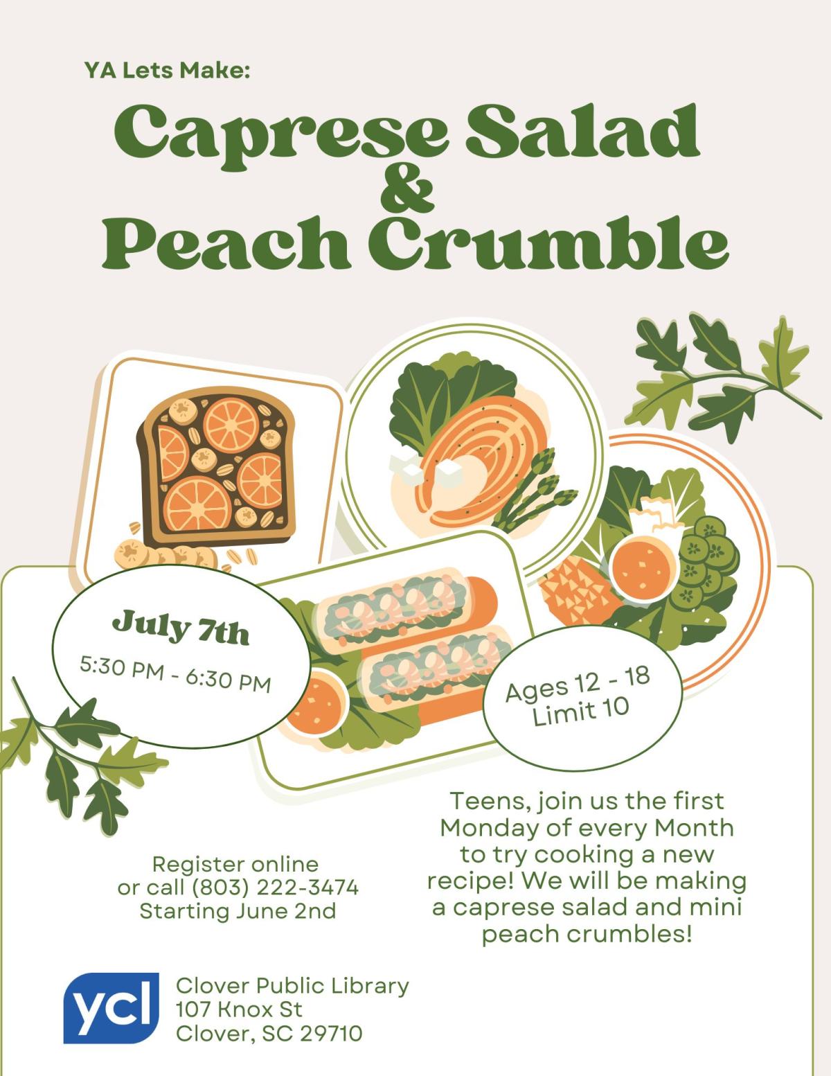 YA Let's Make: Caprese Salads and Peach Crumbles! Flyer