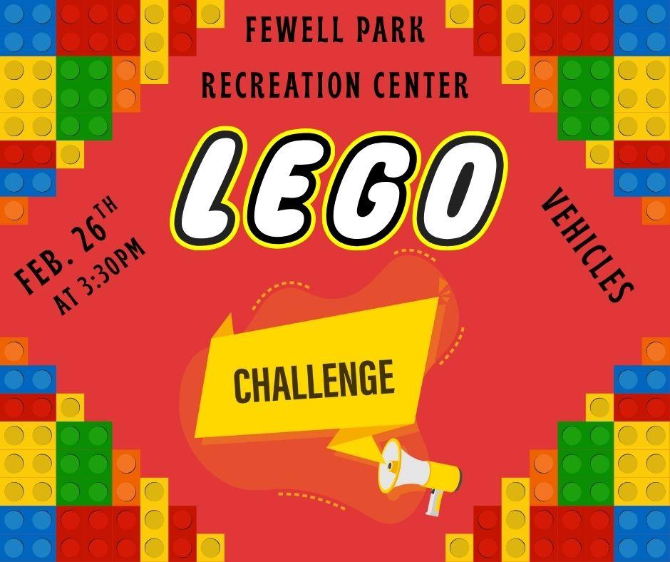 Lego blocks in the corner with the words "Lego Challenge" coming out of megaphone.