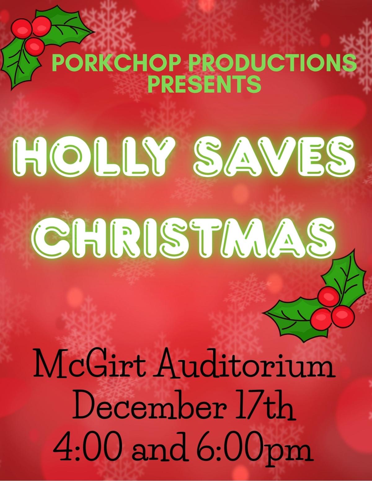 Red background with holly berries at the corners.  Program name and location is included.