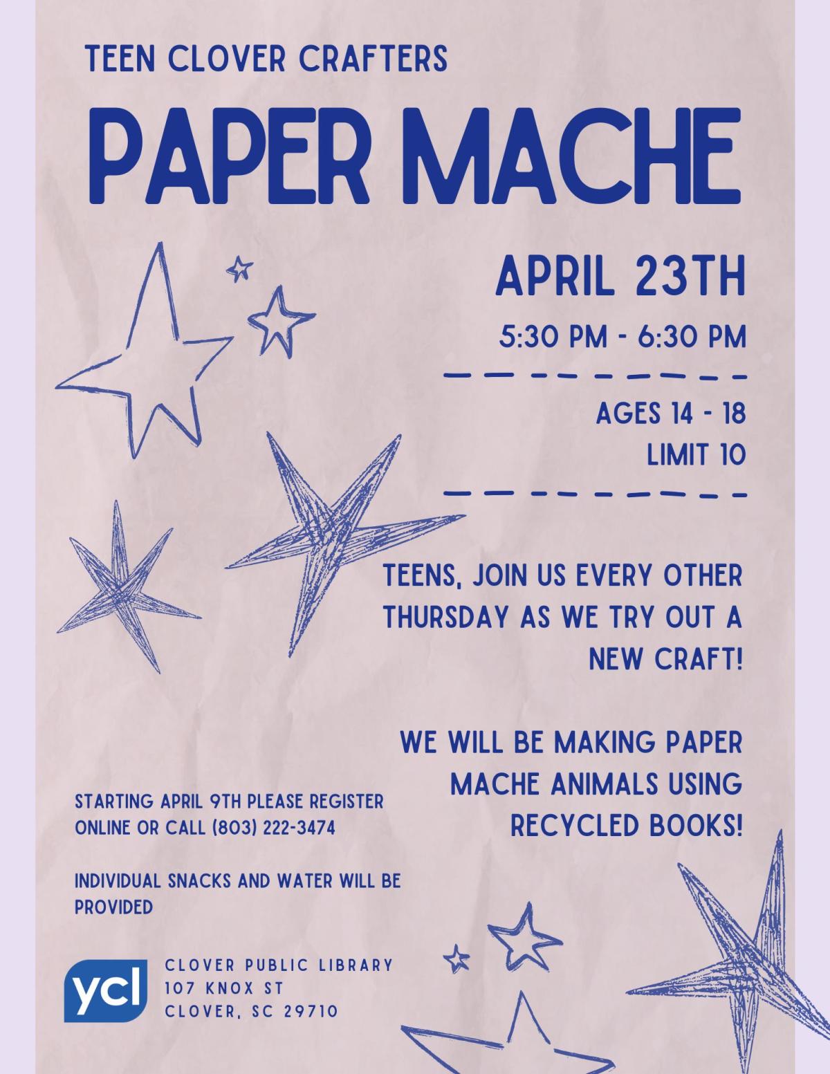 Teen Clover Crafters: Recycled Books Paper Mache Animals Flyer